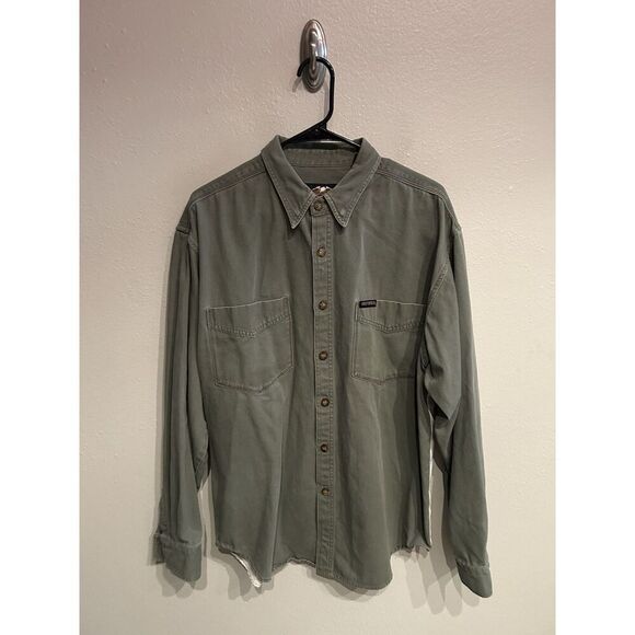 Harley Davidson Men’s Large Green Canvas Long Sleeve Button Up Shirt Graphic - Picture 3 of 8